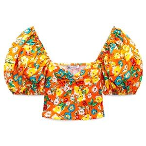 S 🔖 Zara Womens Balloon Sleeve Crop Top Flounce Shirt Orange Floral 1131/809